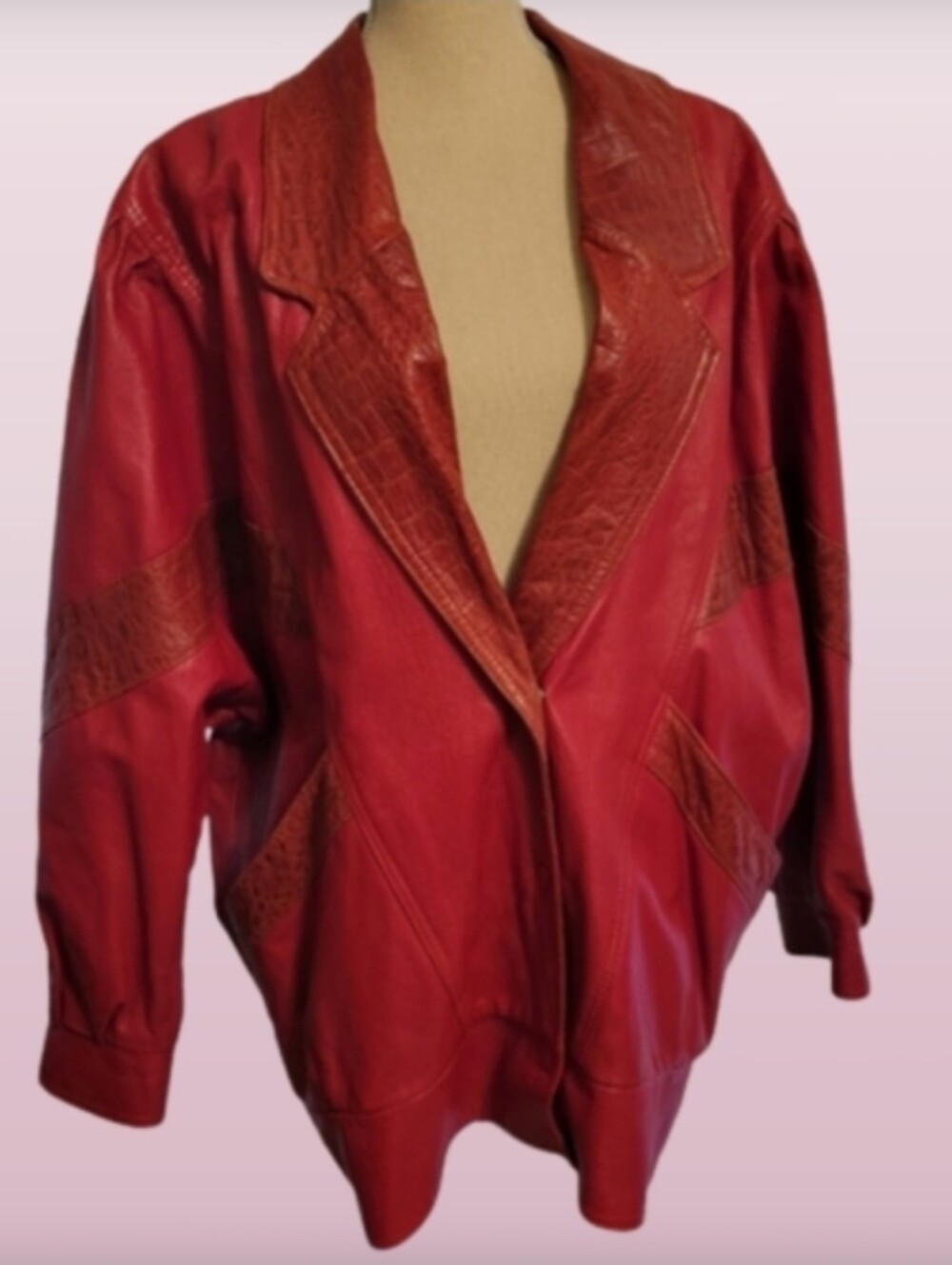 Vintage 80s/90s Red Leather Patchwork Bomber Jacket Oversized L
